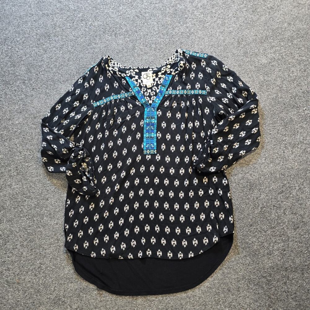 One September Top Womens Size Medium Black Blue Embroidered Western Tunic Boho